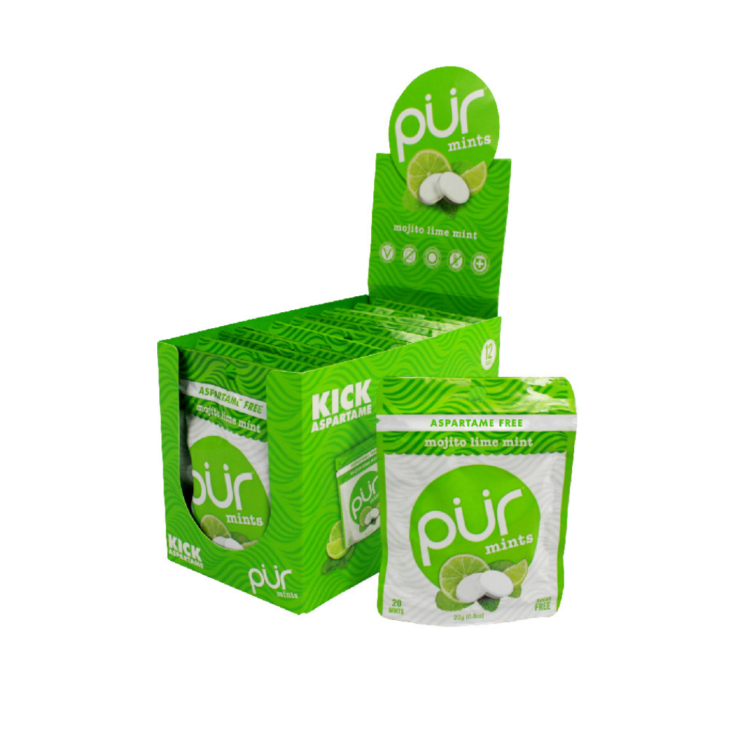 PUR 100% Xylitol Mints, Mojito Lime Mint, 12 Pack Pouch